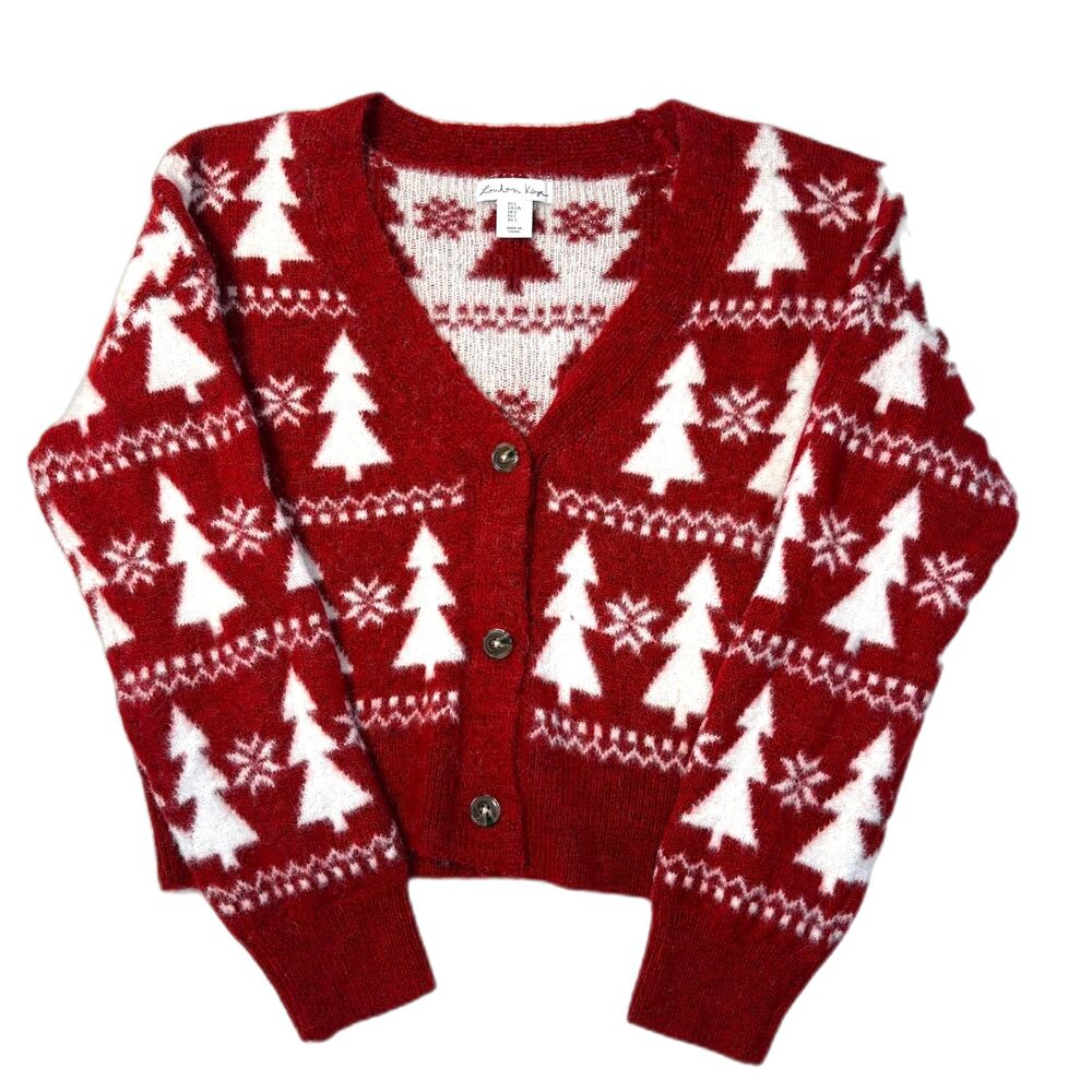 London Kaye Women's Red/White SZ Large Christmas Tree Fair Isle Cropped Cardigan
